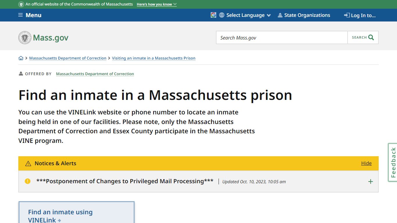 Find an inmate in a Massachusetts prison | Mass.gov